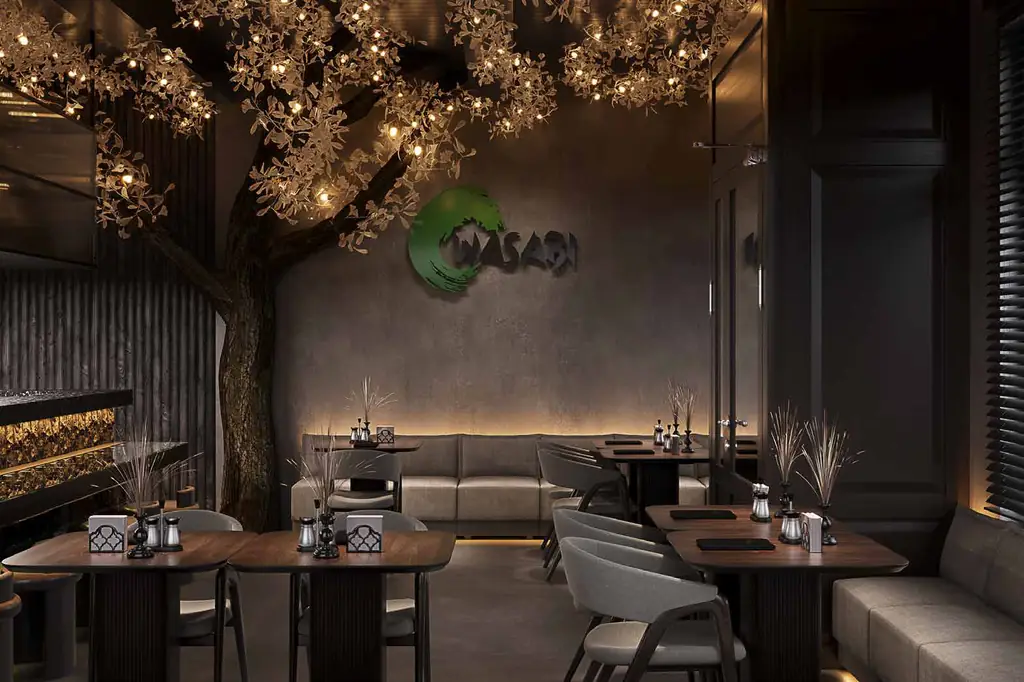 Vizualizare 3D a sălii: un copac cu frunze aurii deasupra meselor, banchetă gri și sigla verde Wasabi.