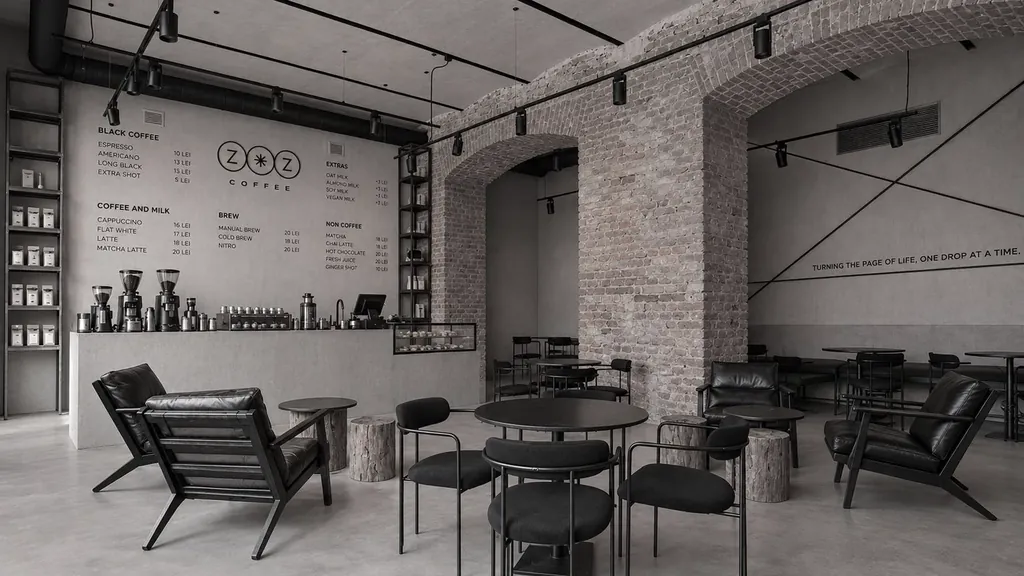 Zoz Coffee, vizualizarea 3D: sala cu arcade de cărămidă, fotolii negre și meniul scris pe perete.